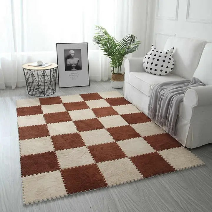 Килимок-пазл плюшевий бежевий з коричневим, 30х30 см 20 шт. (8614)