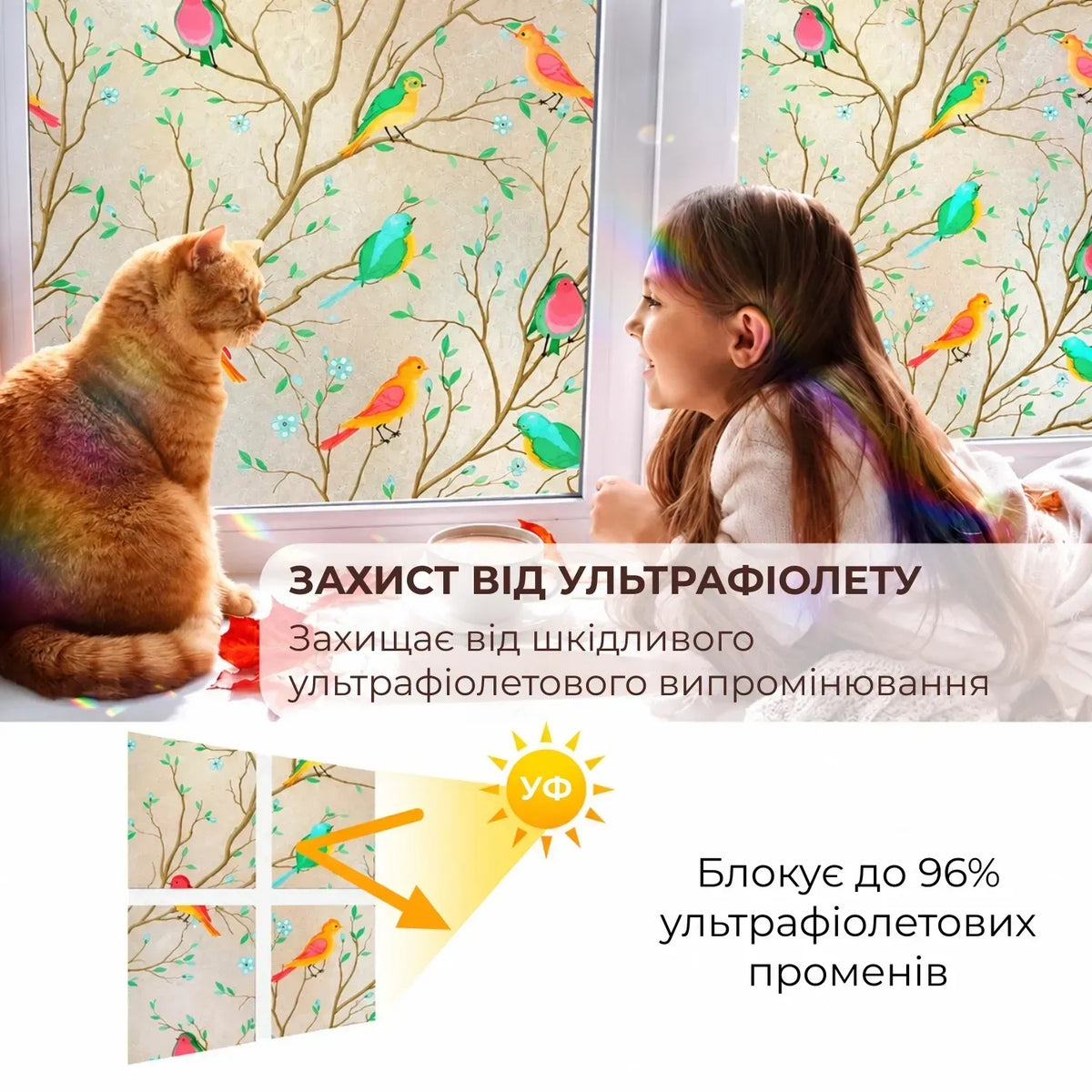 Декоративна 3Д вітражна плівка для вікон Supretto, пташки (9478_0001)