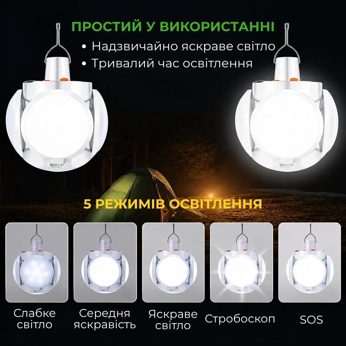 Кемпінговий LED-ліхтар трансформер Supretto на сонячній батареї акумуляторний підвісний (9485_0001)