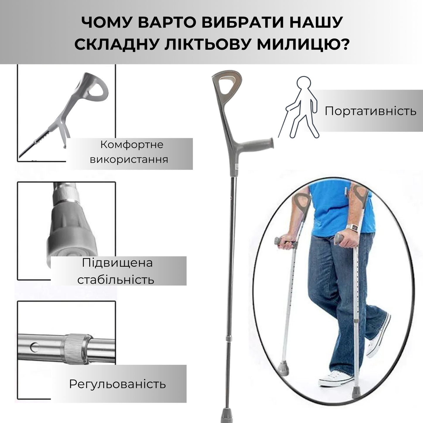 Милиця підлокітна з анатомічною ручкою складана (8093)